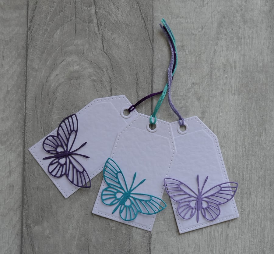 Purple, Turquoise and Lilac Die Cut Butterflies  - Set of Three Gift Tags