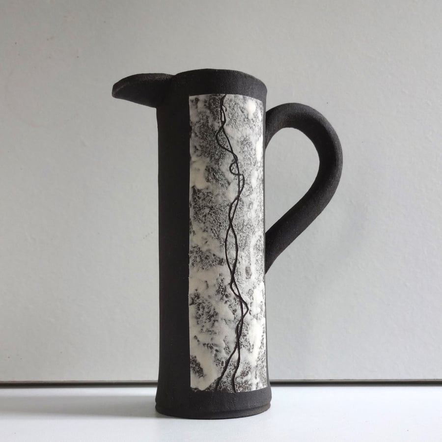 Ceramic jug vase, black and white, handmade and decorated. Simple, minimalist.