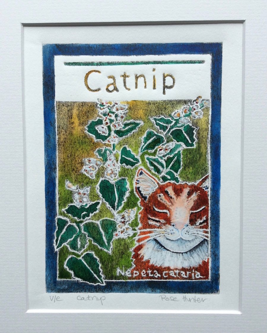 Catnip - original hand painted lino print 001