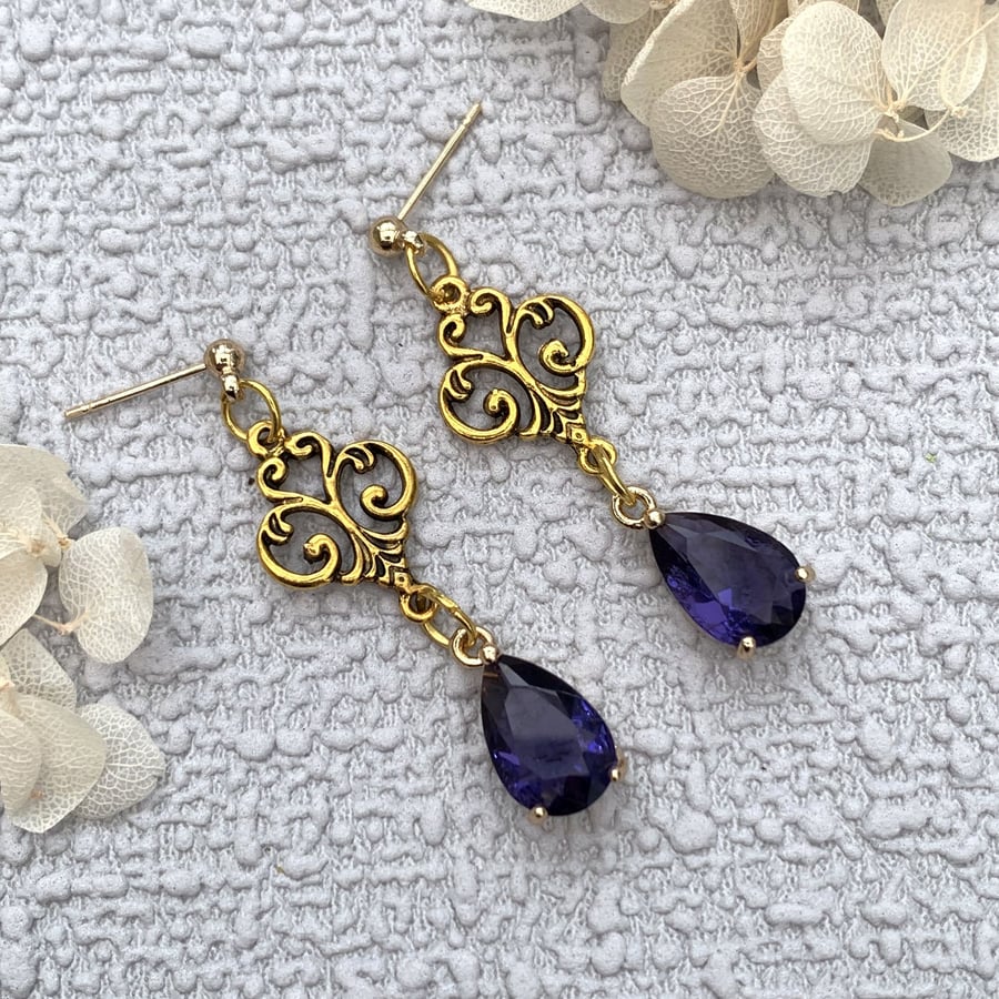 Vintage Style Gold and Purple Glass Crystal Drop Earrings