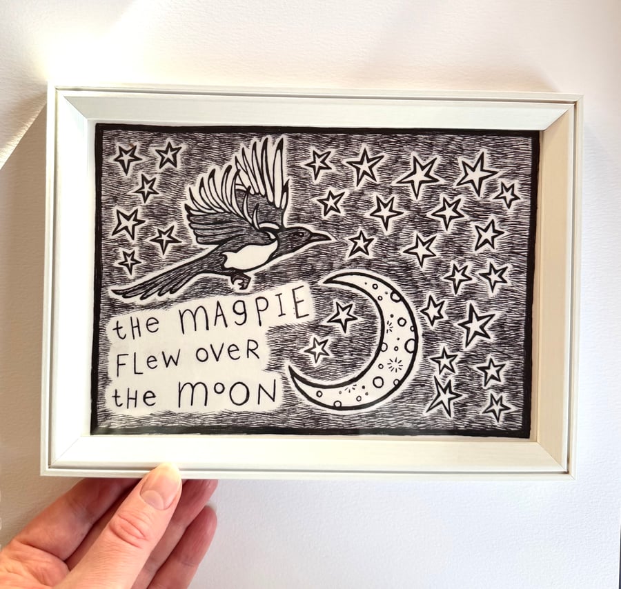 Magpie Moon Giclee Print, Whimsical Joyful Home Art, Animal Illustration
