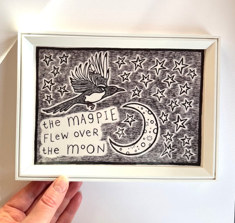 Magpie Moon Giclee Print, Whimsical Joyful Home Art, Animal Illustration