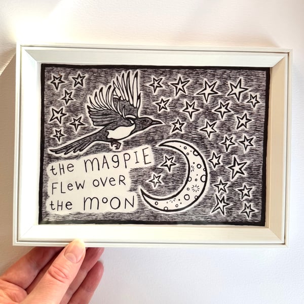 Magpie Moon Giclee Print, Whimsical Joyful Home Art, Animal Illustration