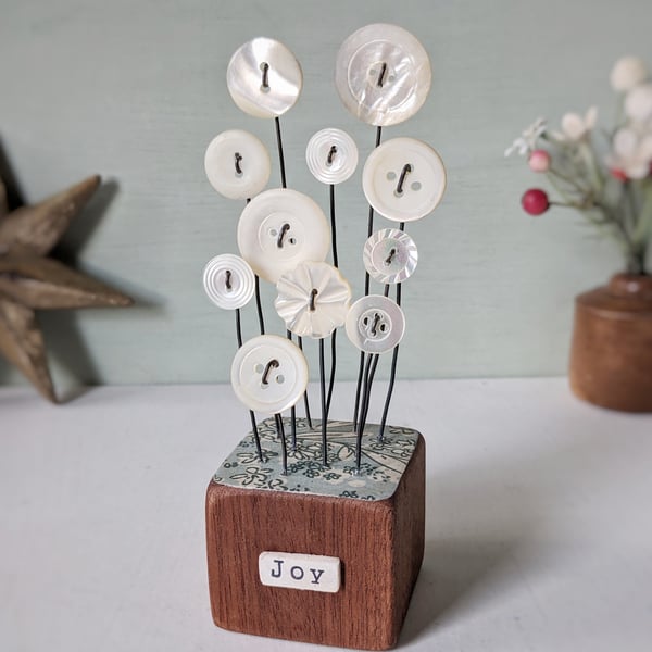 Mother of Pearl Buttons in a Wood Block 'Joy'