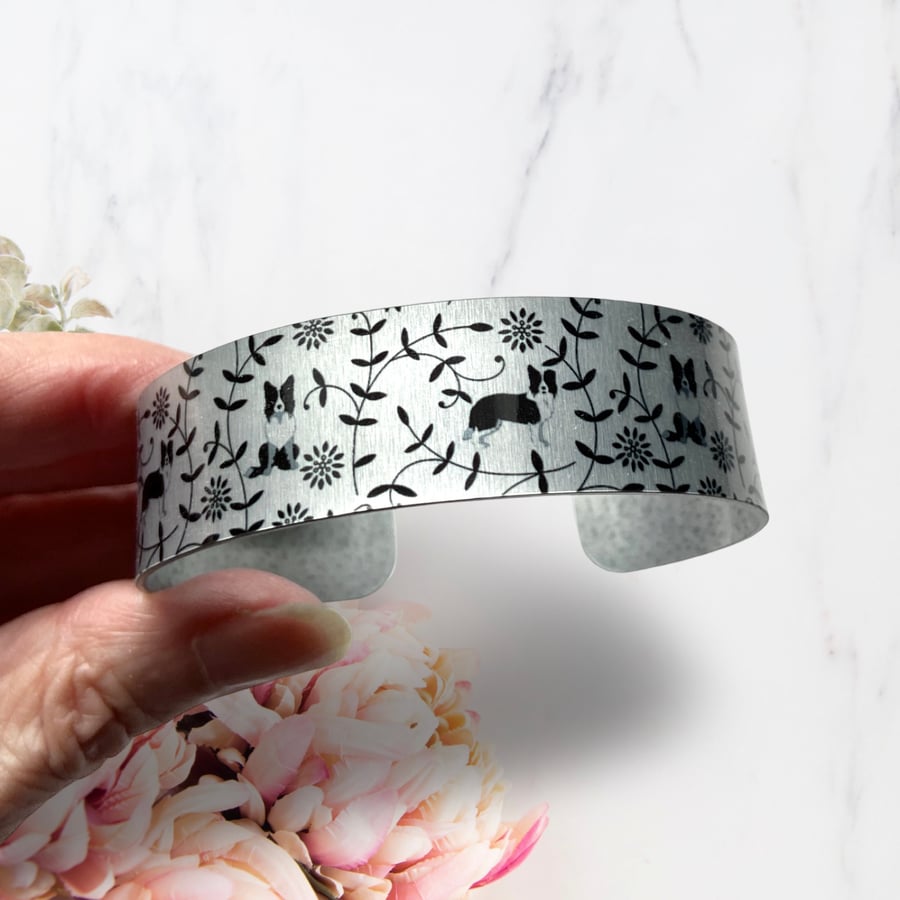 SALE border collie sheep dog bangle, metal cuff bracelet. Perfectly imperfect