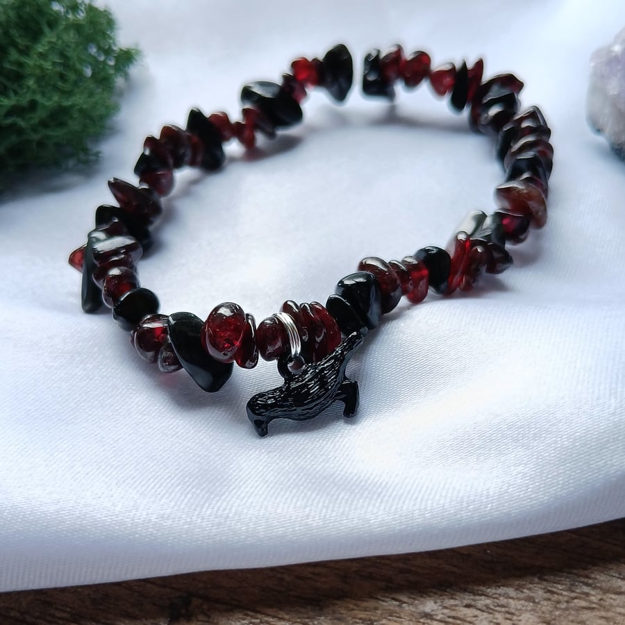 Pagan Crow Raven Handmade Bracelet with Garnet and Obsidian 