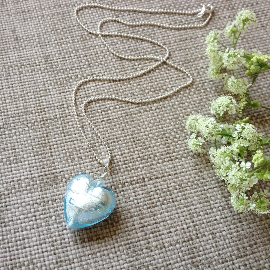 Murano Glass Heart Pendant Necklace, Pale Blue