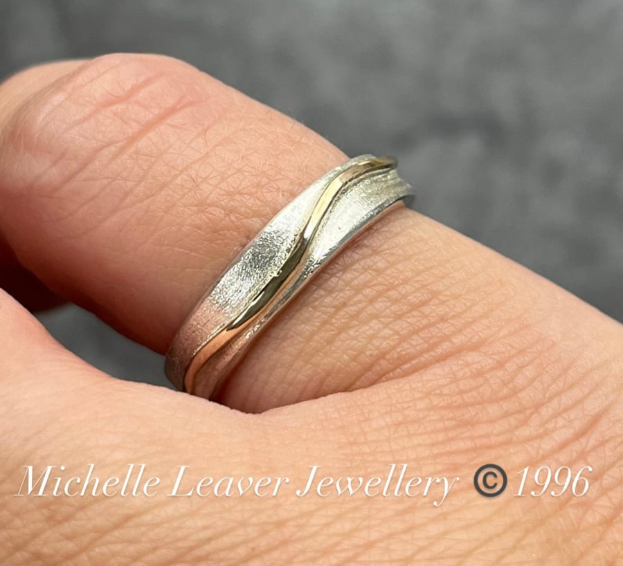 Gold Wave Ring, silver and gold ring, silver band, wedding ring, unisex ring, 