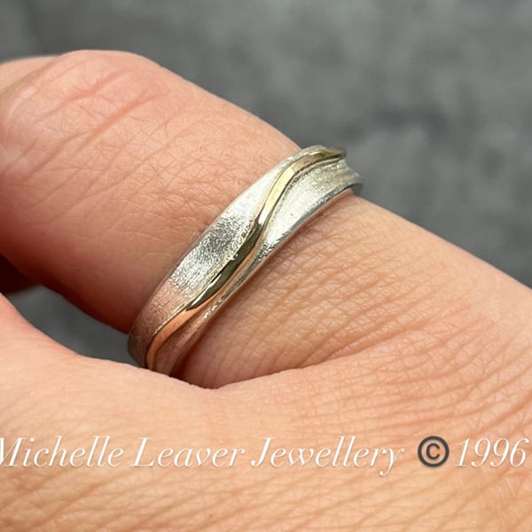 Gold Wave Ring, silver and gold ring, silver band, wedding ring, unisex ring, 