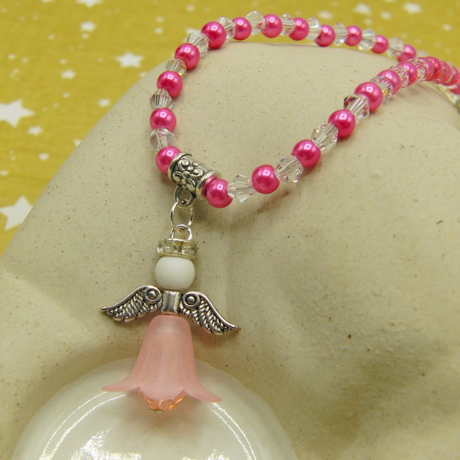 Christmas Angel Pendant on a Pearl Crystal and Chain Necklace, Stocking Filler