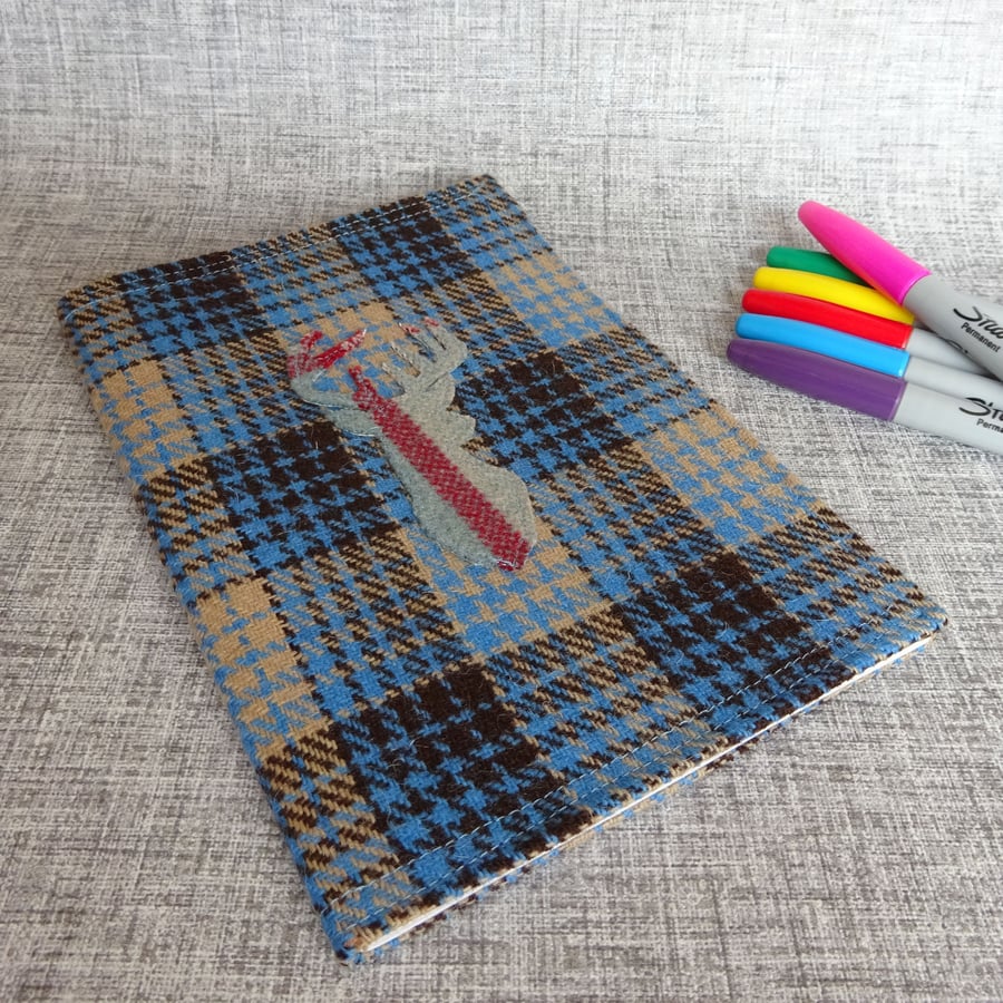 Tweed appliqué stag head sketchbook, textile notebook