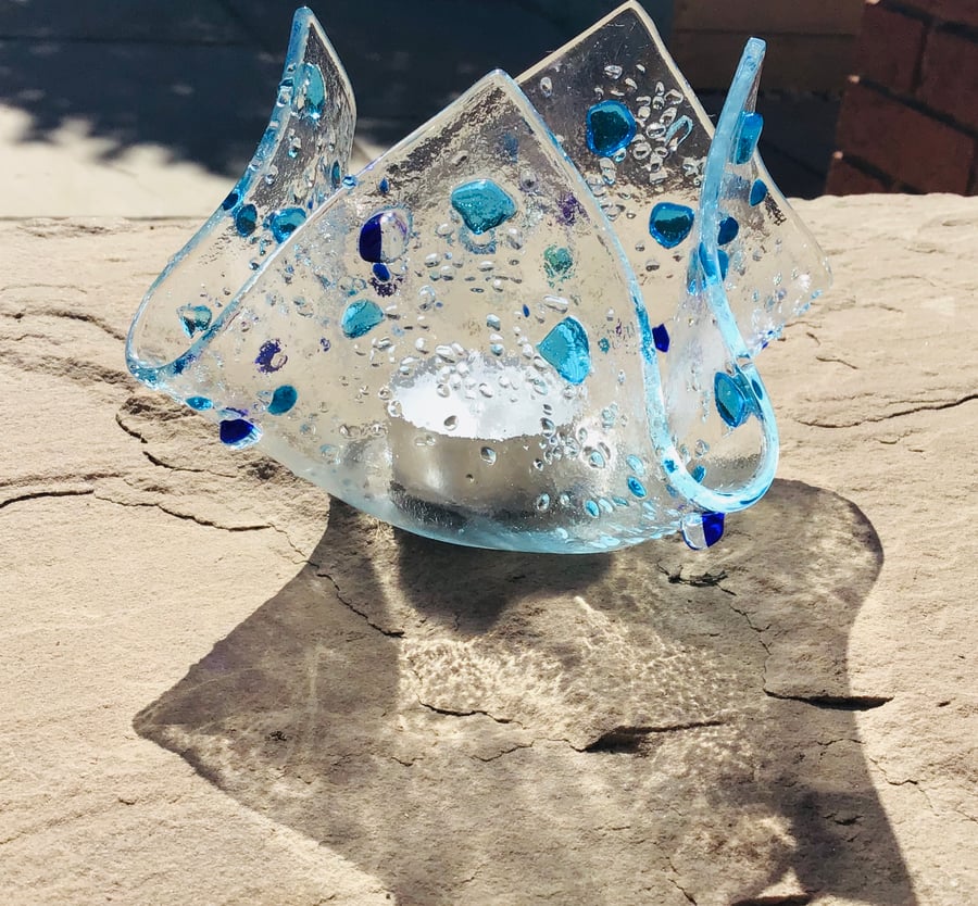 Fused glass blue jewels candle holder 