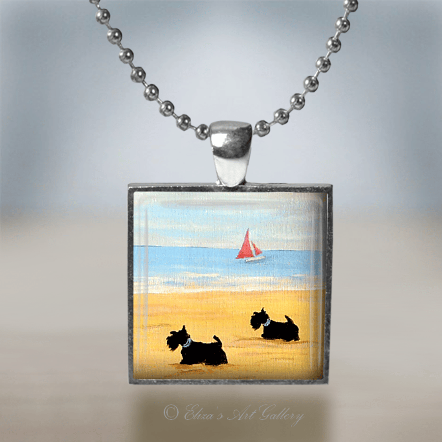 Silver Plated Scottish Terriers on a Beach Art Pendant Necklace