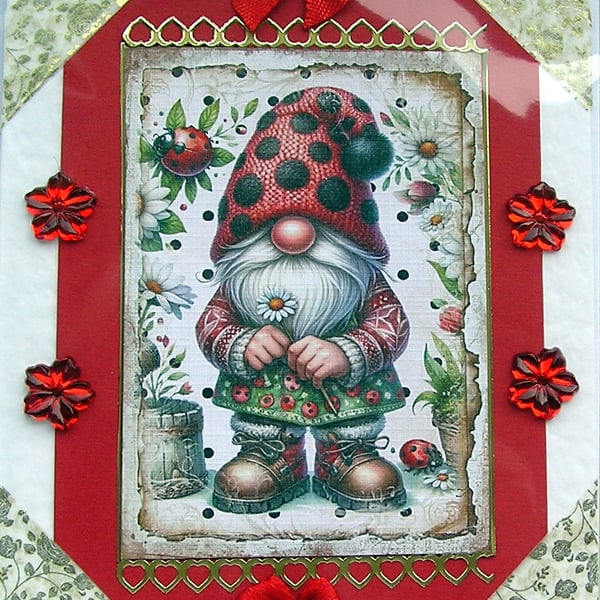 Gnome Hand Crafted Decoupage Card - Blank for any Occasion (2700)