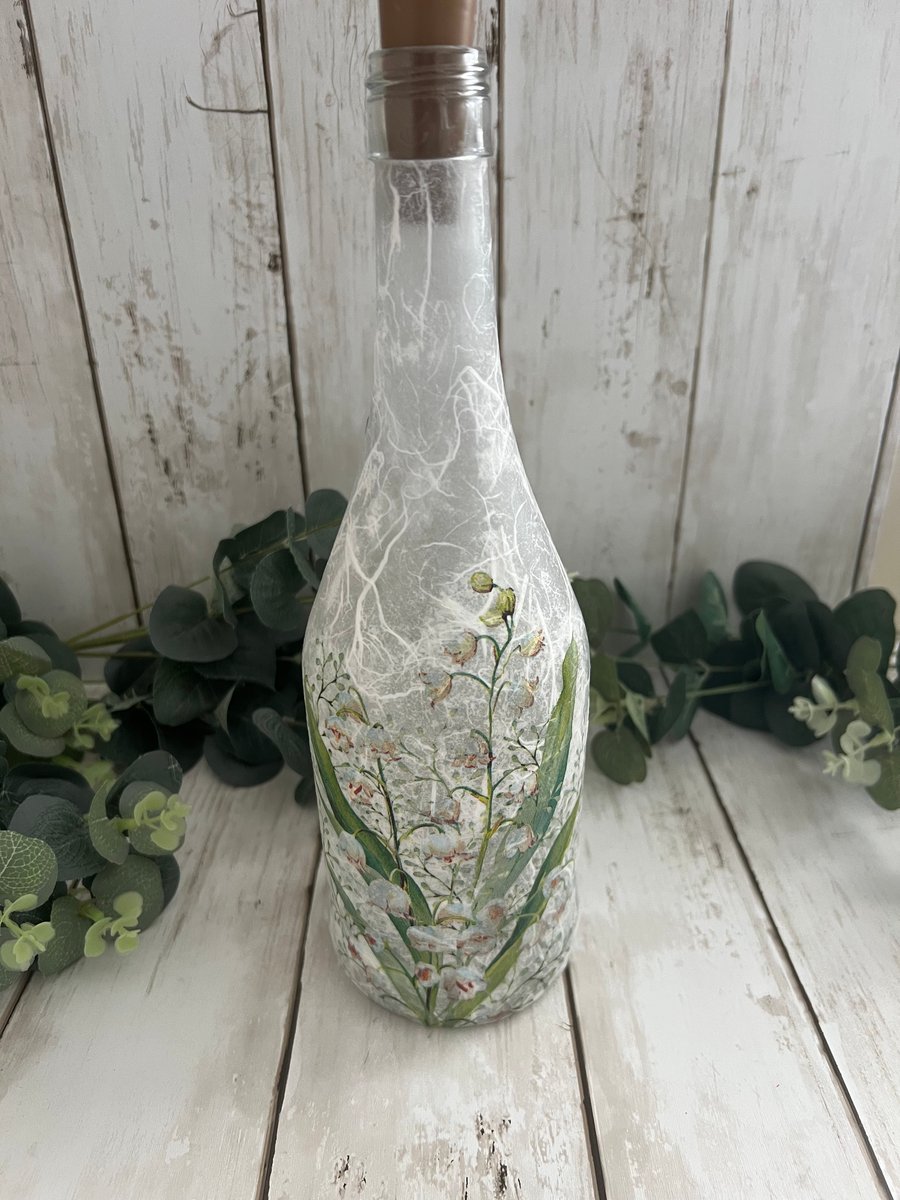 Decoupage Upcycled Glass Bottle Light - Lily of the Valley, Home Decor
