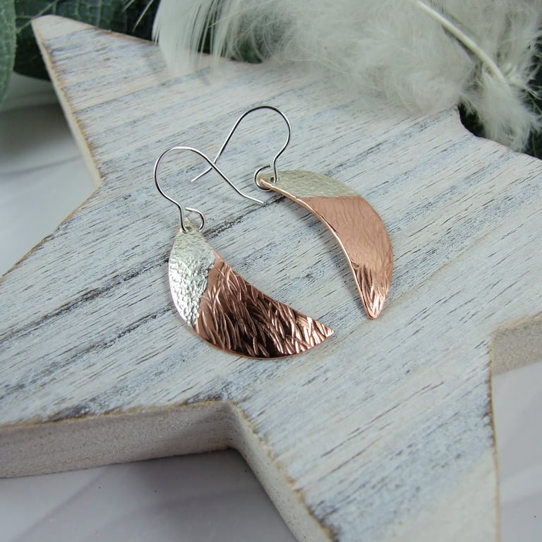 Earrings, Sterling Silver and Copper Textured Moon Dropper Earrings