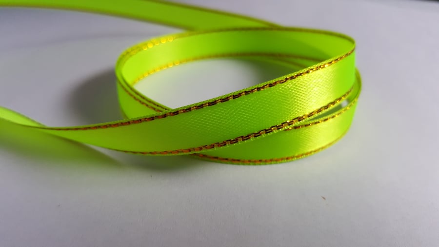 3m Satin Ribbon - Gold-Edged - 10mm - Lime Green - Folksy