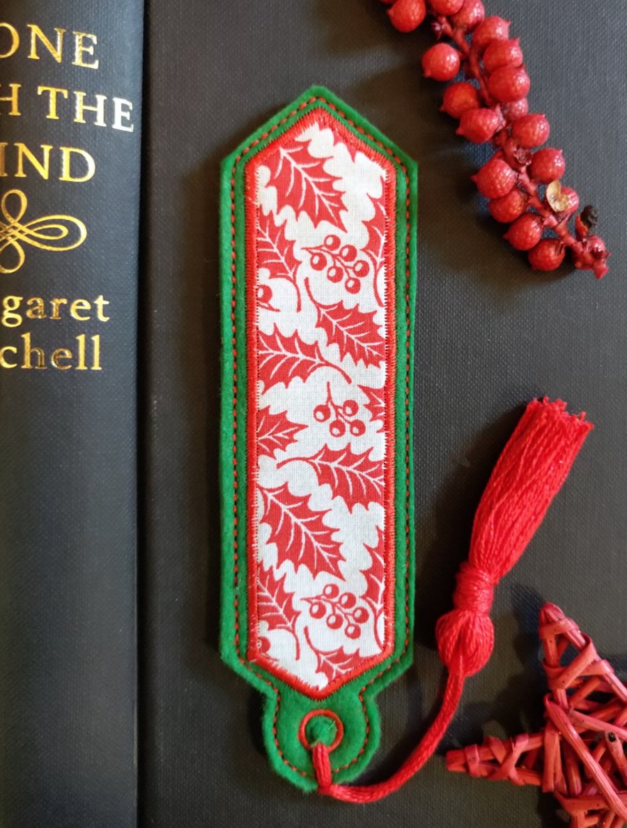 Christmas Holly Leaf Bookmark embroidered hand crafted design matching tassel