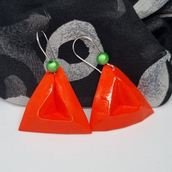 Geometric orange paper triangle earrings