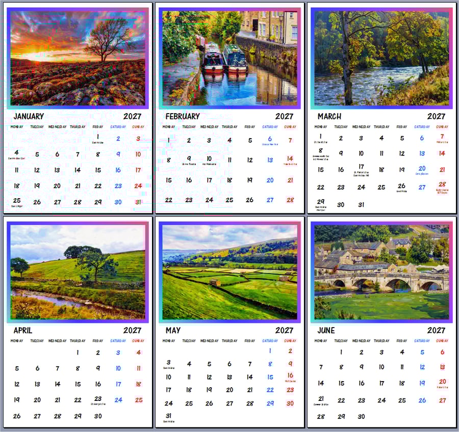 2027 Calendar Yorkshire A4 Page Per Month 