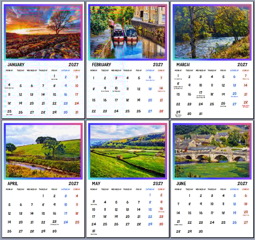 2027 Calendar Yorkshire A4 Page Per Month 