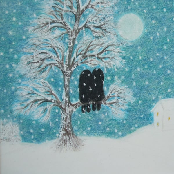 Christmas Card, Love Tree Snow Card, Twin Sister, Winter Art Card 