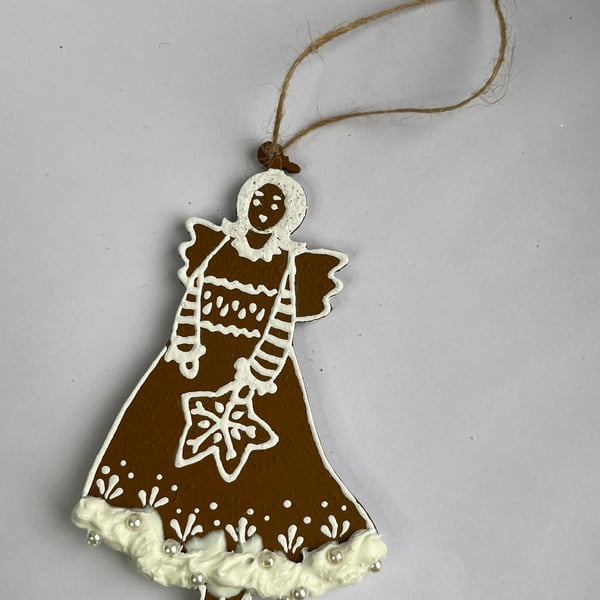 Christmas Tree Decorations Gingerbread Style Hand Painted Angel - READY TO SHIP