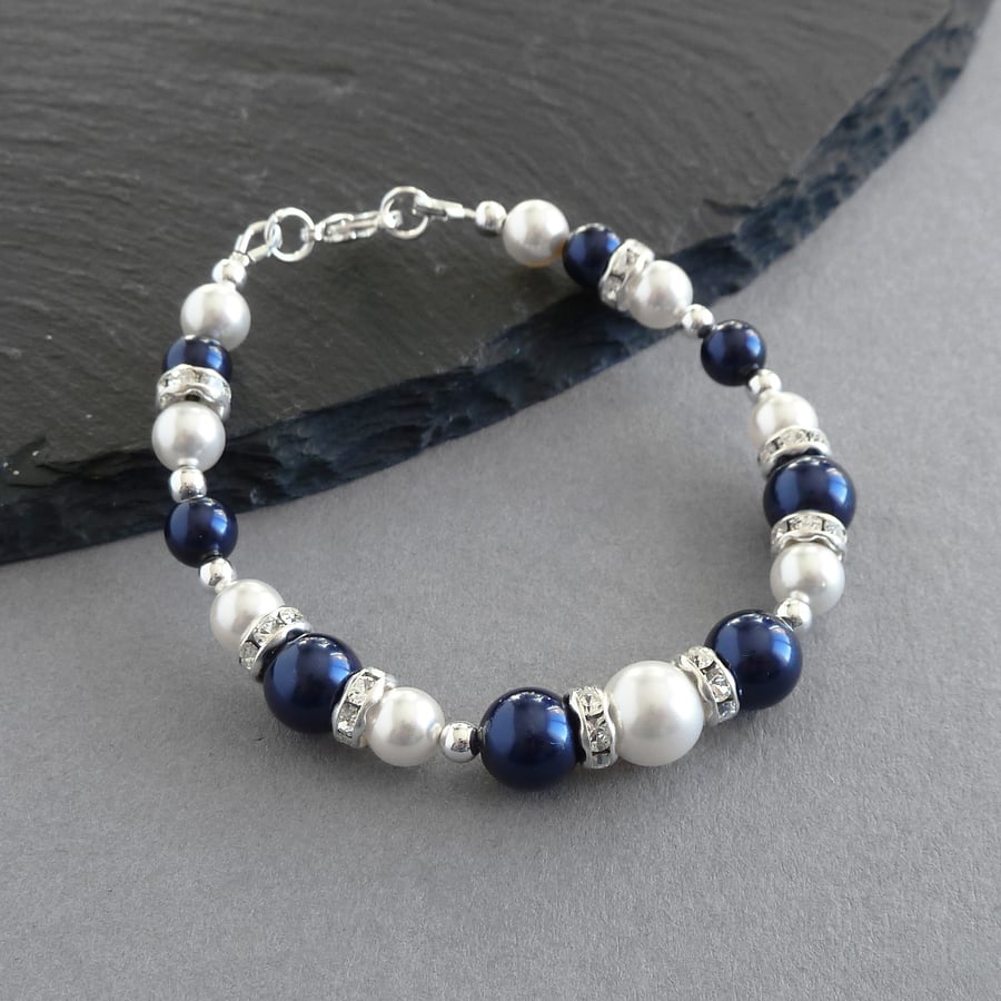 Navy Pearl and Crystal Bracelet - Dark Blue Bridesmaid Jewellery - Navy Wedding