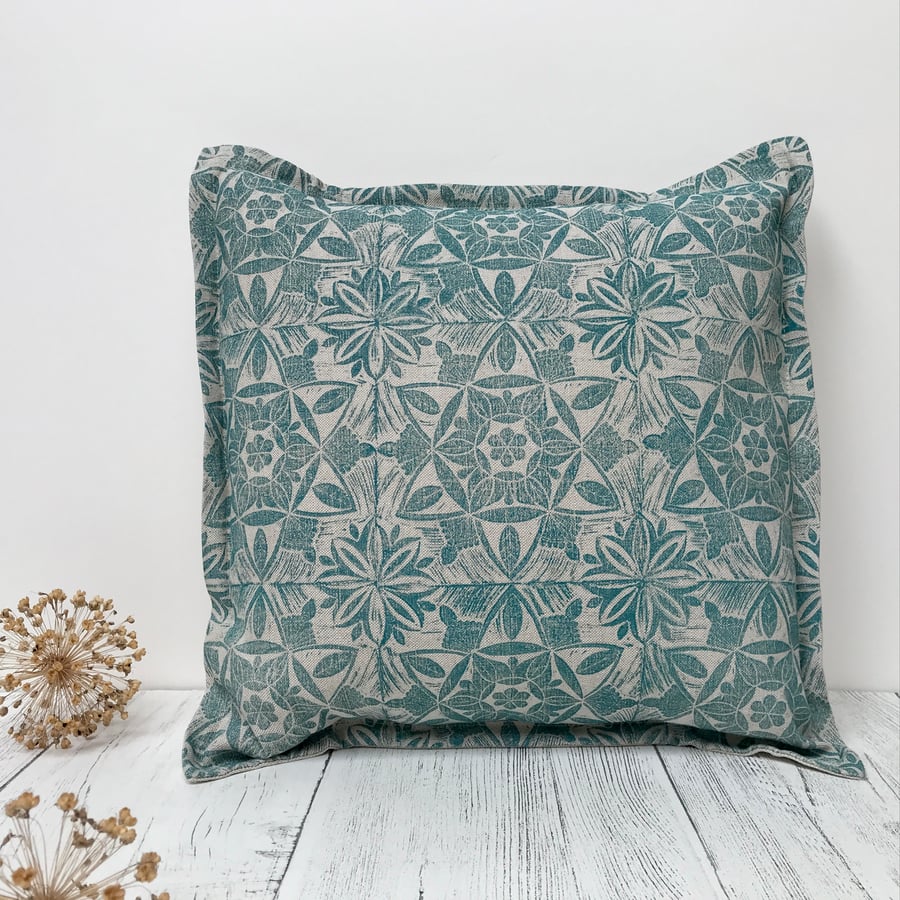 Hand Printed Linen Square Cushion  - ASTA - Teal Blue