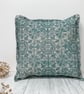 Hand Printed Organic Cotton Square Cushion  - ASTA - Teal Blue - Image 1