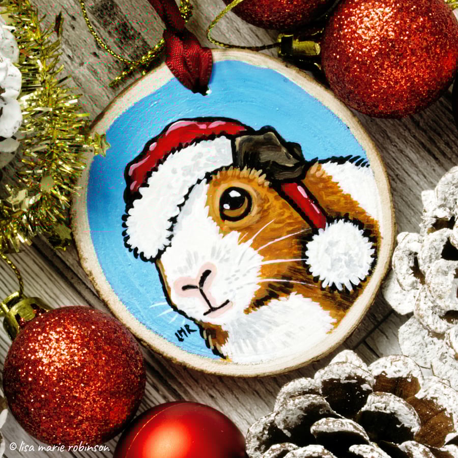 Santa Guinea Pig Hand painted Wooden Christmas Tree Decoration