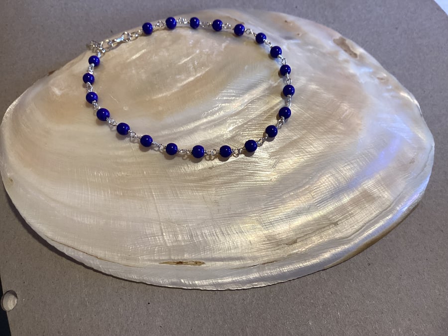 Rosary linked sterling silver lapis Lazuli bracelet- sterling silver bracelet 