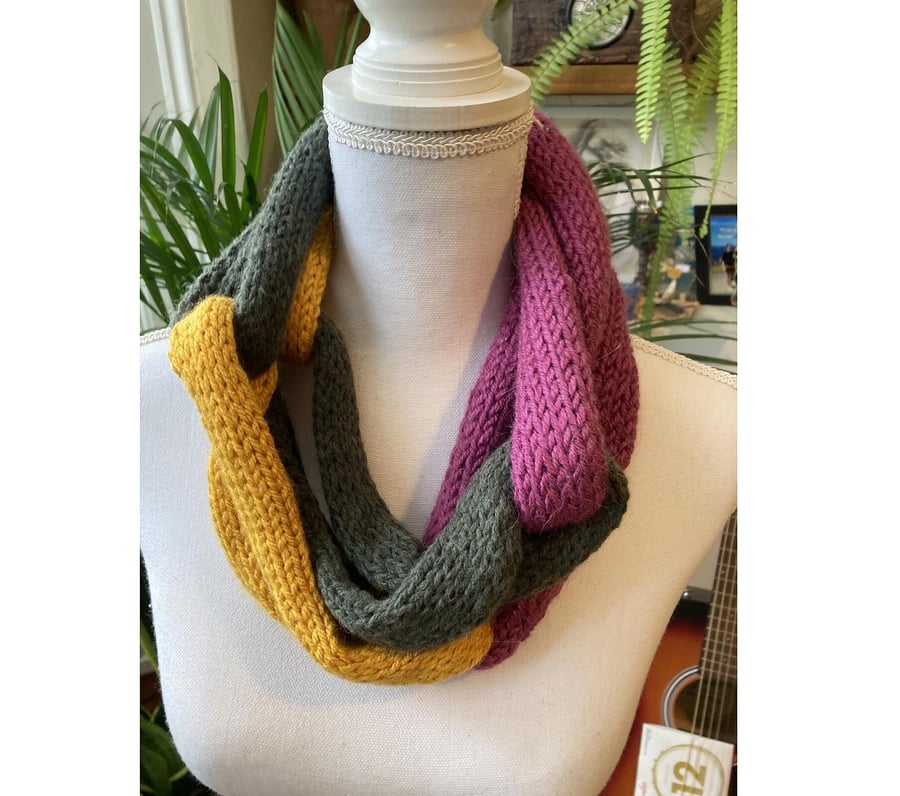 Purple-green-yellow chain hand knitted infinity shawl neck wrap 