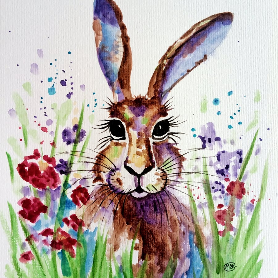 Hare and Flowers Original Painting 