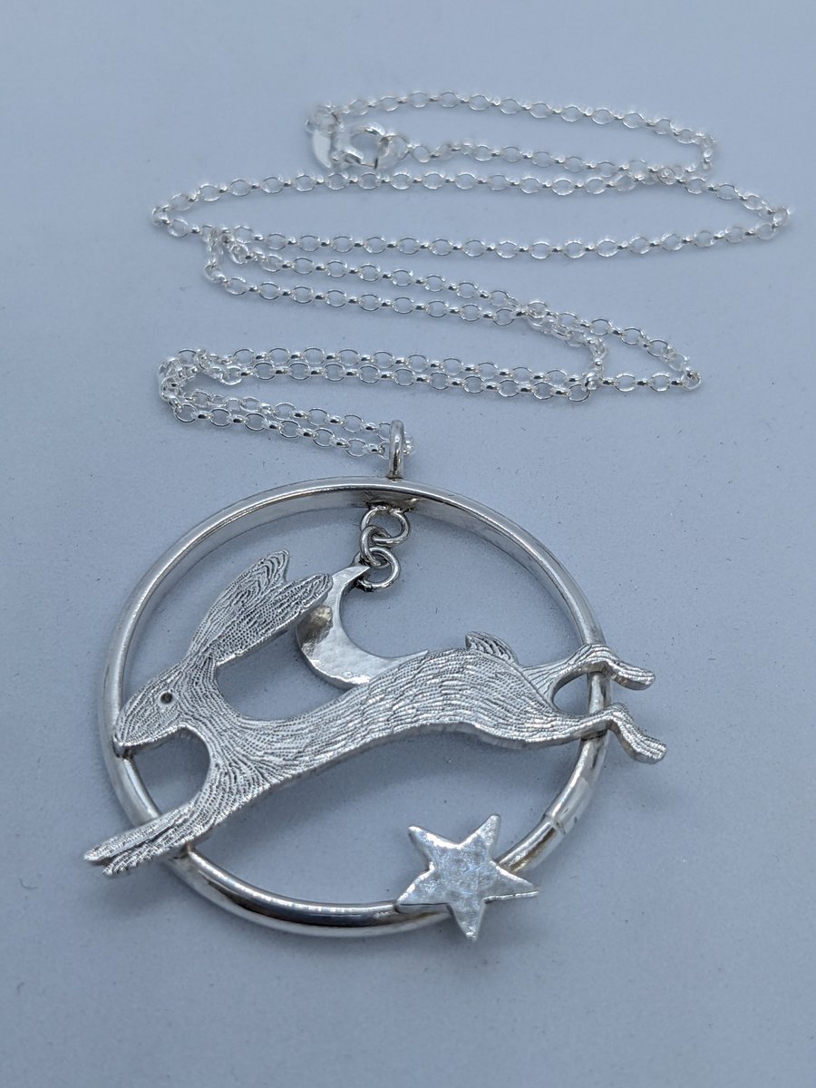 Sterling silver hare pendant, Celestial jewellery, British wildlife