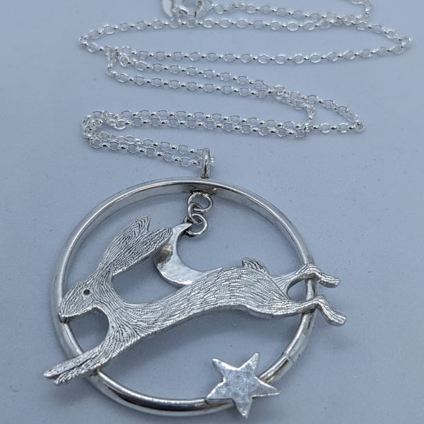 Sterling silver hare pendant, Celestial jewellery, British wildlife