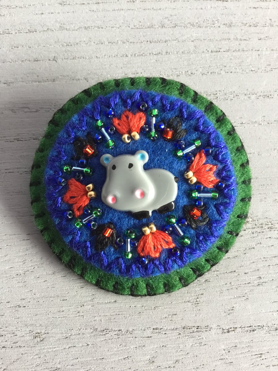 Hand Embroidered African Hippo Brooch