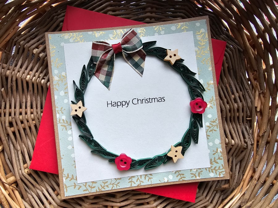 Traditional Quilled Wreath Christmas Card with Buttons  and Tartan Bow 5" x 5" 