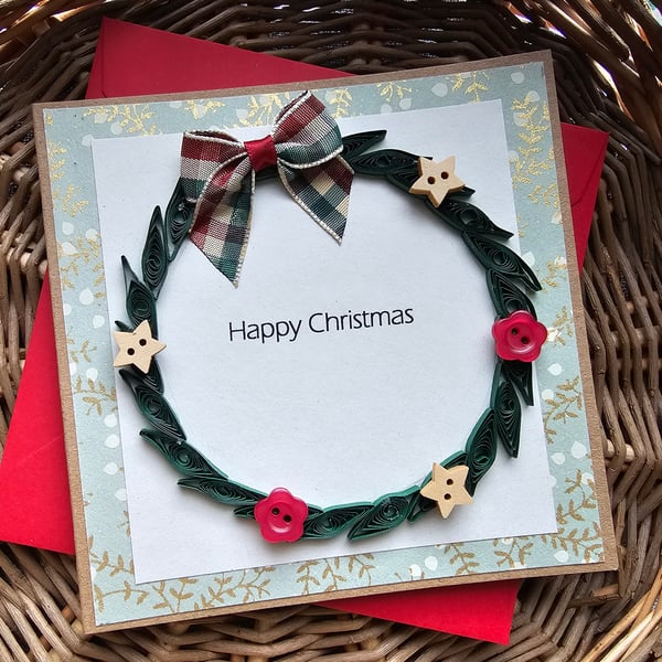Traditional Quilled Wreath Christmas Card with Buttons  and Tartan Bow 5" x 5" 
