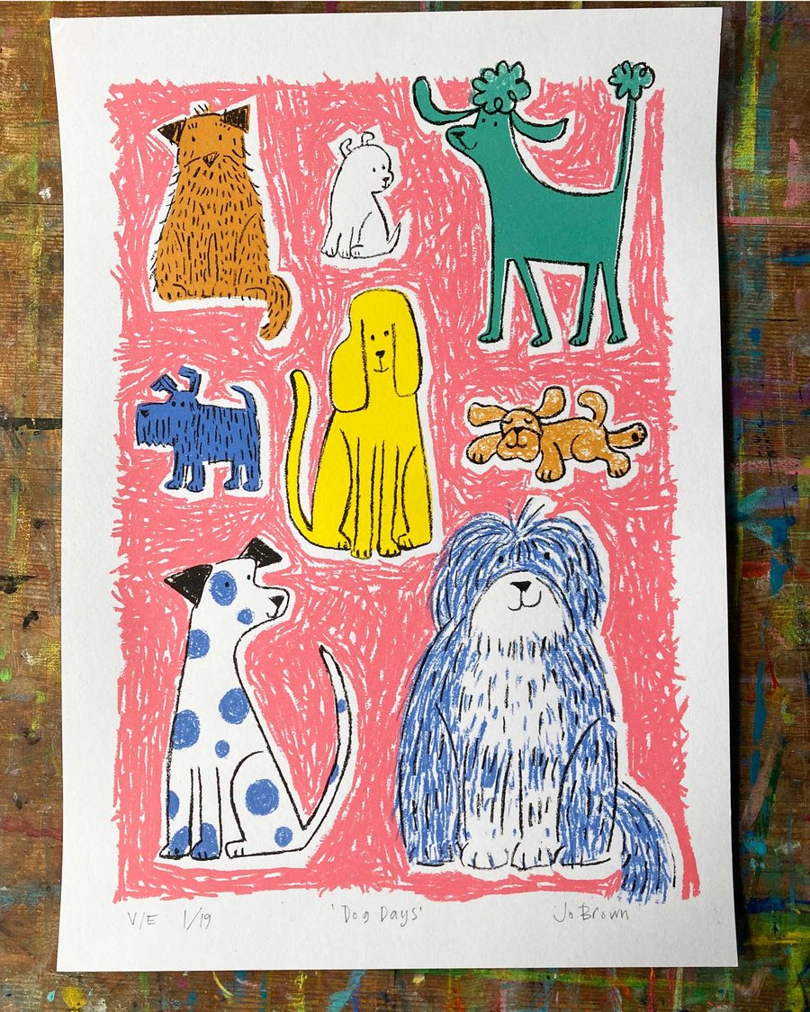  Colourful Screen Print - Dog Days by Jo Brown- Pink - unframed original 