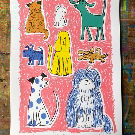  Colourful Screen Print - Dog Days by Jo Brown- Pink - unframed original 
