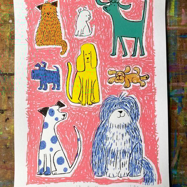  Colourful Screen Print - Dog Days by Jo Brown- Pink - unframed original 