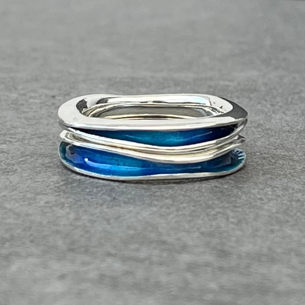 Enamel Stack Ring, freeform stack ring, blue enamel ring, size, ocean, waves, 