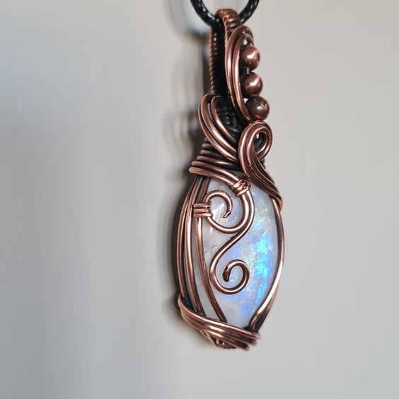 Natural Rainbow Moonstone & Copper Pendant Necklace Gift Crystal Jewellery