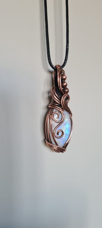 Natural Rainbow Moonstone & Copper Pendant Necklace Gift Crystal Jewellery