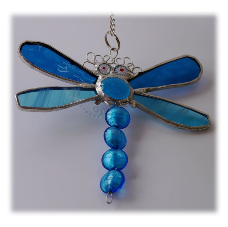 Dragonfly Suncatcher Stained Glass Turquoise Bead-Tailed 031