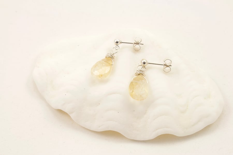 Citrine Faceted Briolette Sterling Silver Drop Stud Earrings