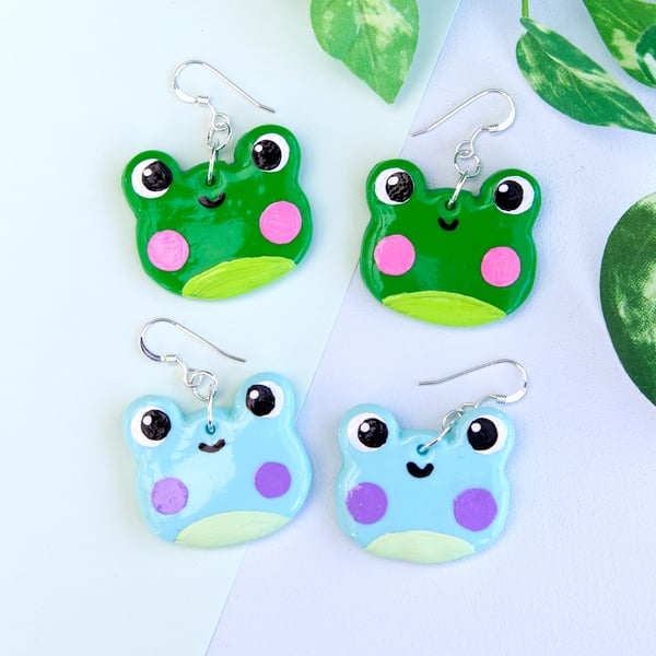 Adorable Little Green Frog Kawaii Polymer Clay Earrings