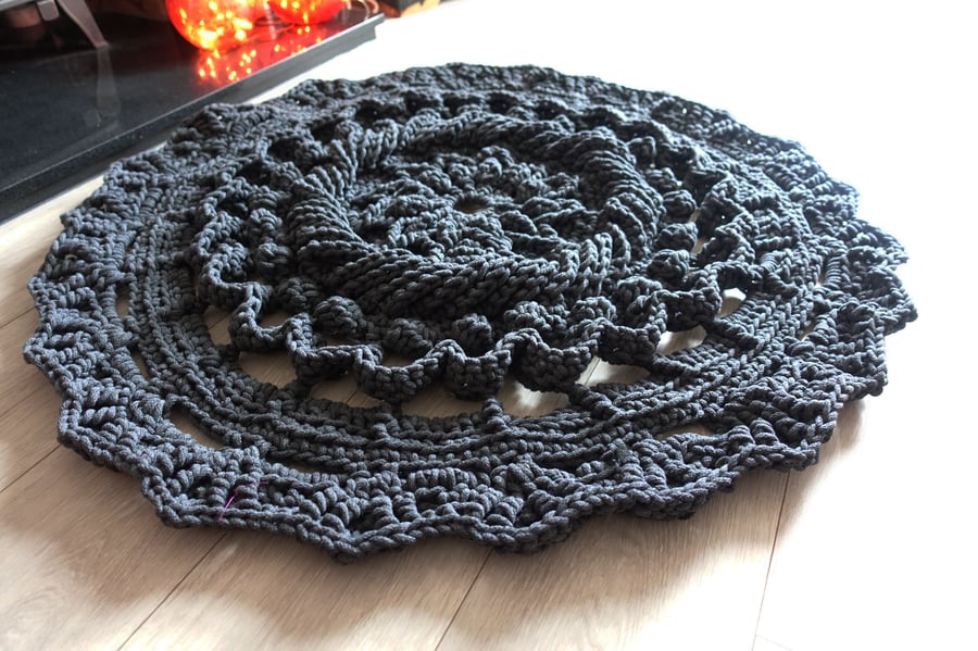 Large Charcoal Rug Hand Crochet Chunky Mandala Design