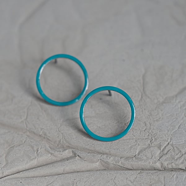 Turquoise Enamel Open Circle Sterling Silver Stud Earrings